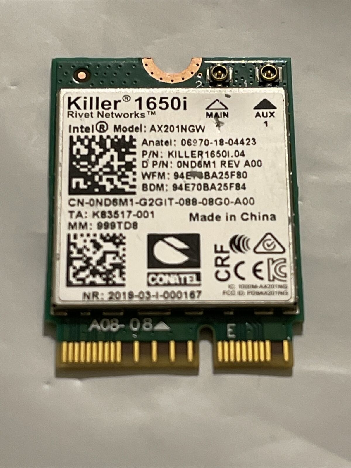 Genuine Intel Killer 1650i Wireless Wi-Fi 6 Bluetooth 5 AX201NGW ND6M1 0ND6M1