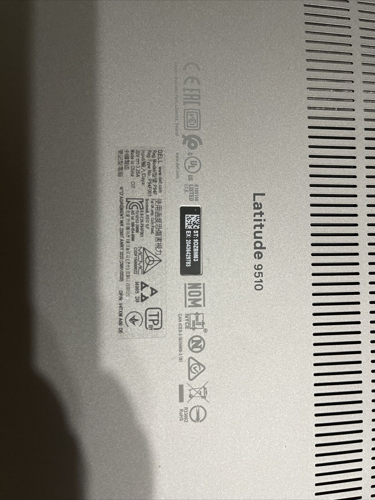 Genuine Dell Latitude 9510 E9510 Bottom Cover Lower Case 086P2Y 86P2Y C3