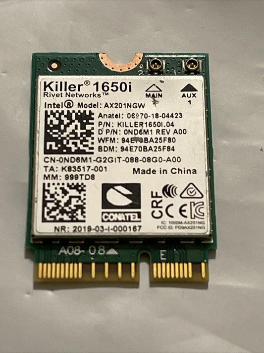 Genuine Intel Killer 1650i Wireless Wi-Fi 6 Bluetooth 5 AX201NGW ND6M1 0ND6M1