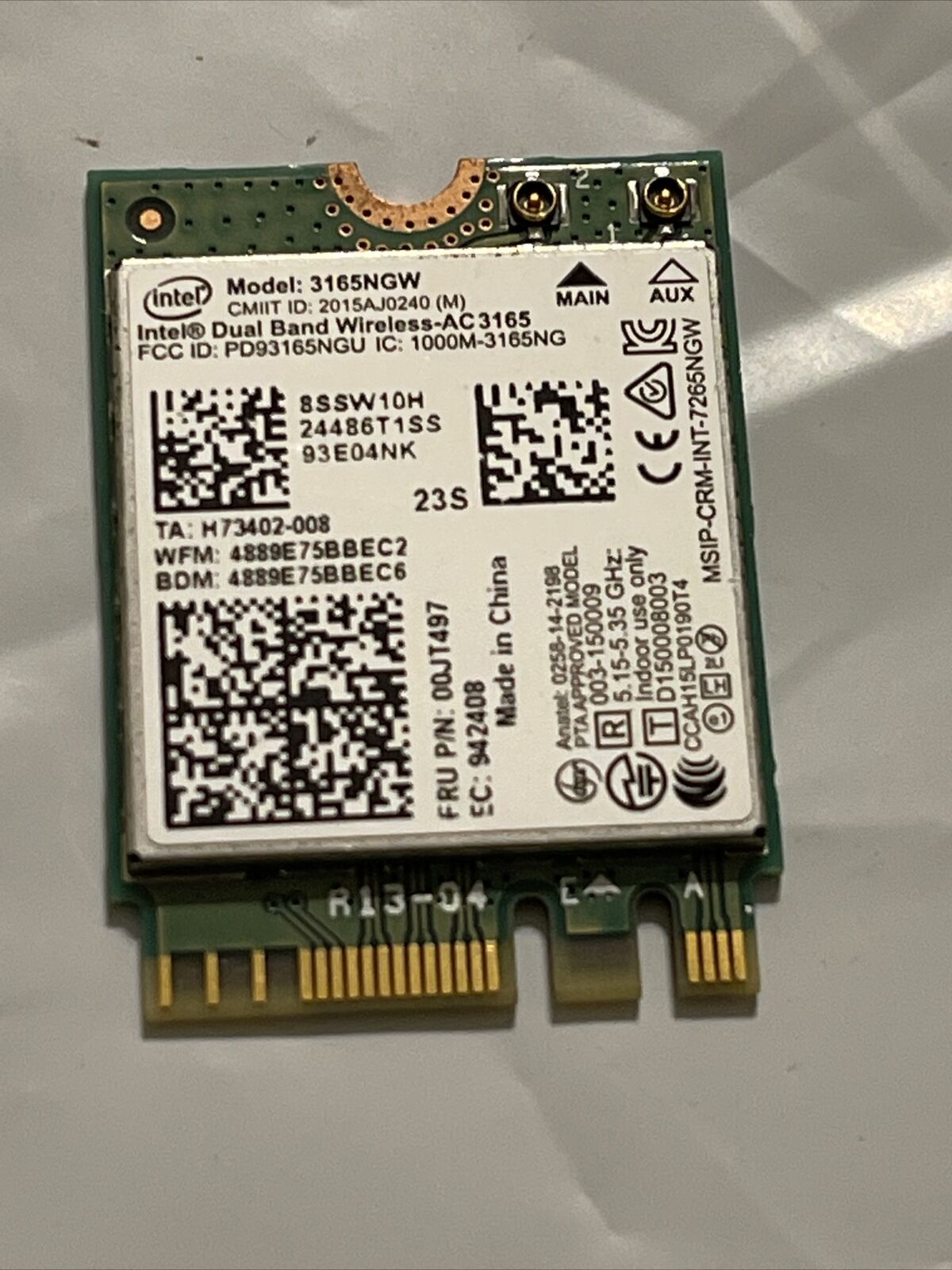 Lenovo Intel 3165NGW Dual-Band Wireless-AC 3165 NGFF M2 WiFi Card ata 00JT497